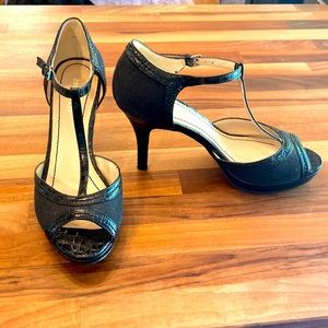 Nine West Platform Peep-Toe Ankle Strap Heels, Black,  Size 7, Mixed Material